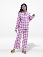 Women's All Over Check printed Pyjama Set , Valour Long Sleeve Notch-Collar 2-Piece Sleepwear, Soft & Warm Nightwear