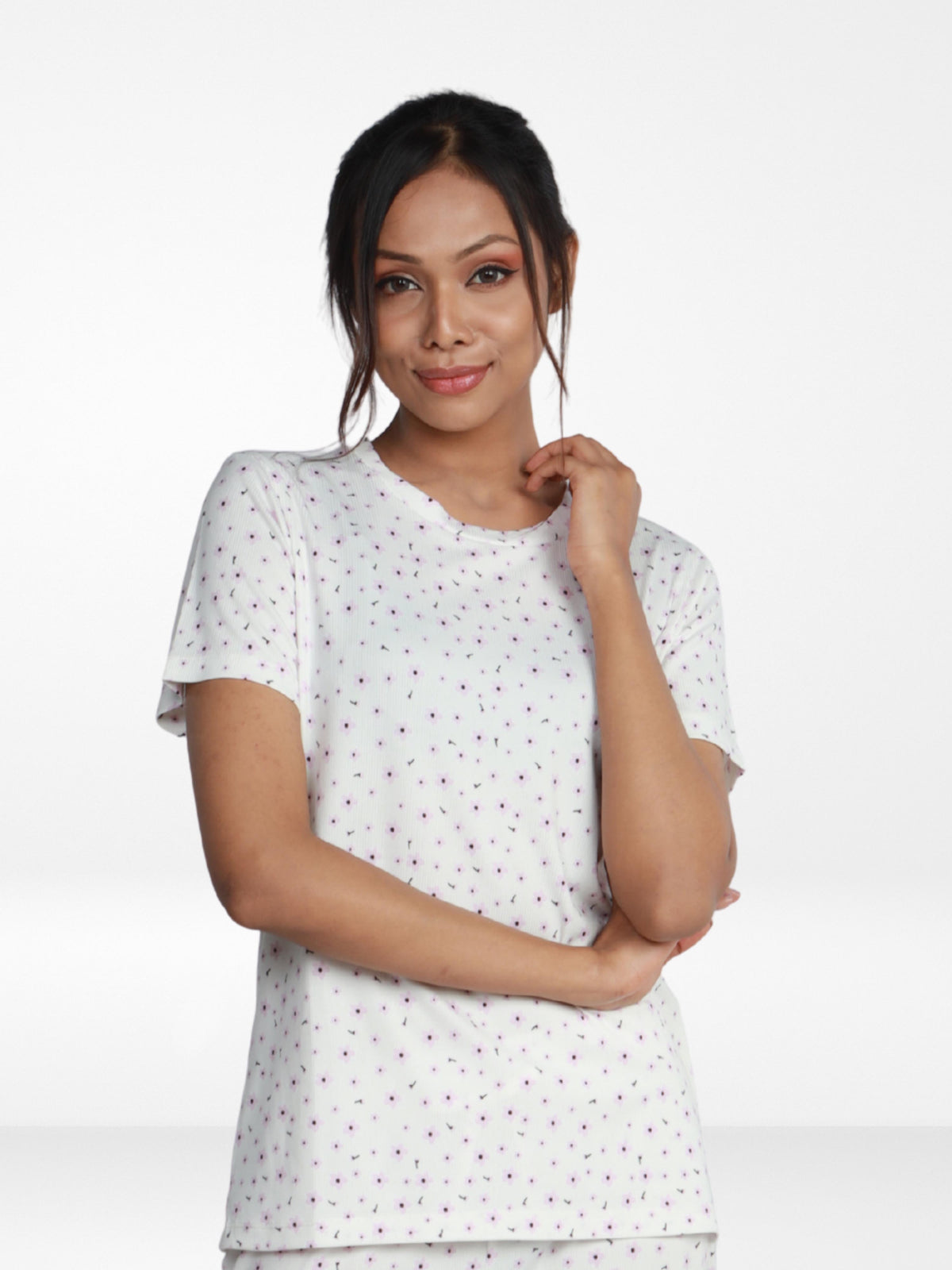 Women’s All Over Printed Short Sleeve Lounge Top | Soft Stretch Yummy Rib Fabric | Crew Neck Casual Sleepwear & Loungewear Top - White