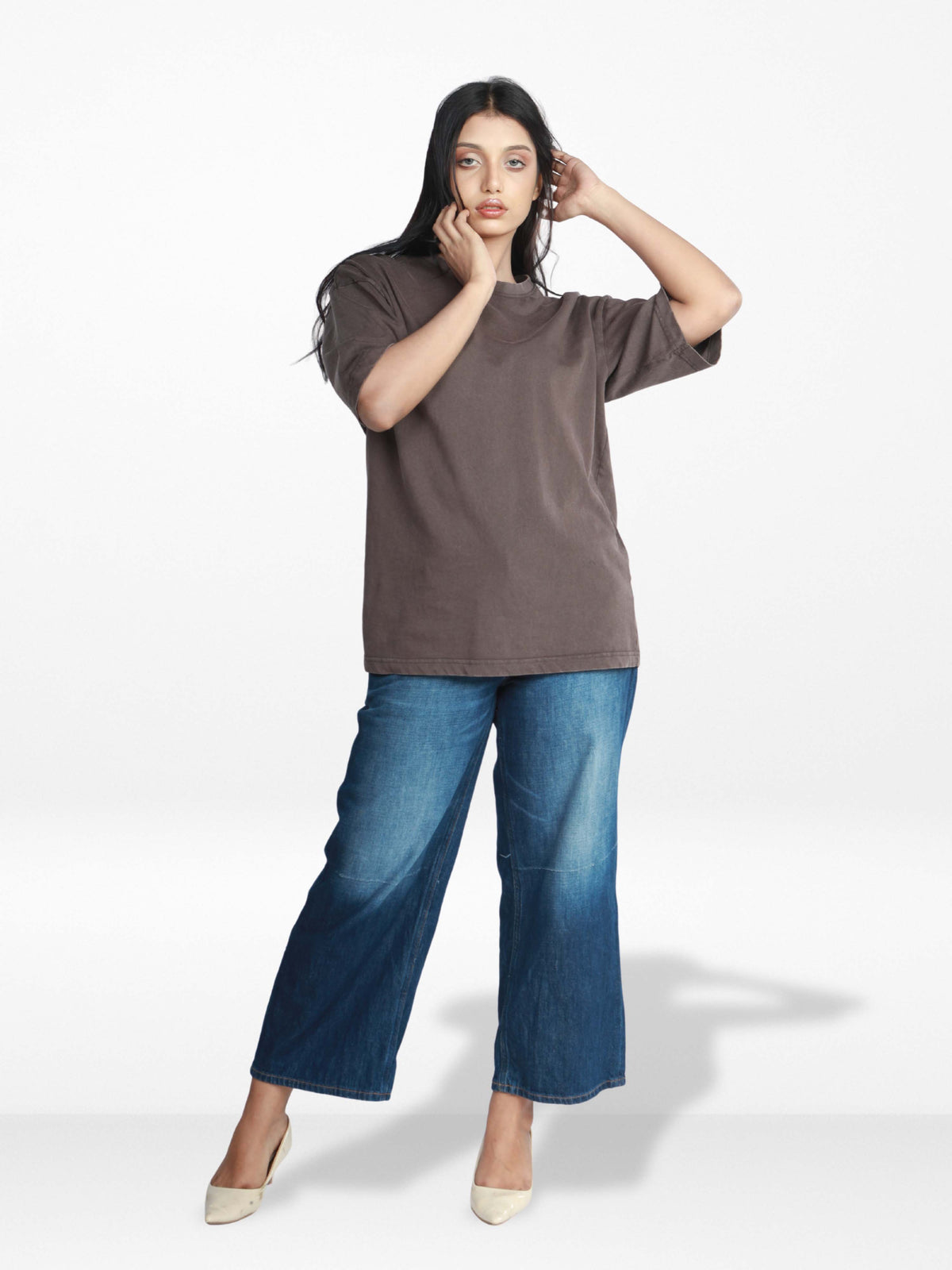 Women’s Drop Shoulder T-Shirt – Classic Solid Short Sleeve Tee, Soft Cotton Blend Comfortable Casual Wear- Brown