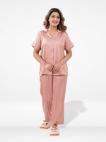 Satin Pajama Set for Women - Button Down, Short Sleeve Long Pant