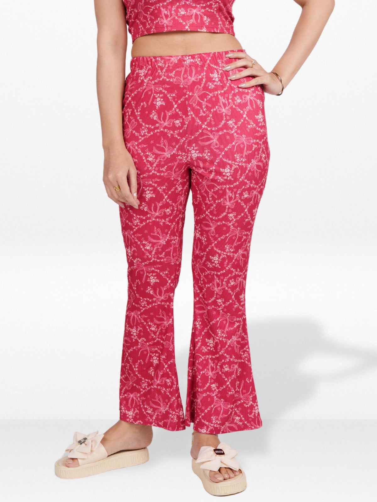 Women’s Printed Palazzo Pants | Wide Leg Lounge Trousers for Women | Soft Stretch Yummy Rib Fabric | Casual & Party Wear Bottoms - Crimson