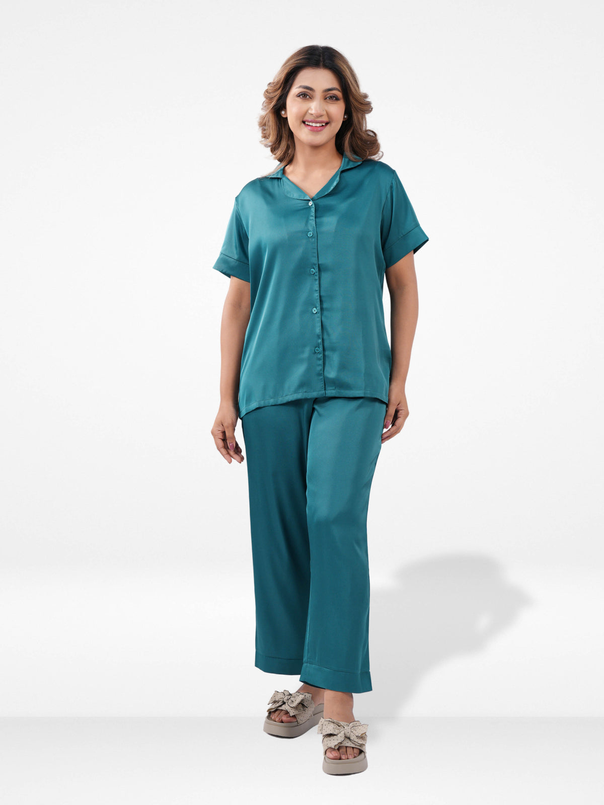 Satin Pajama Set for Women - Button Down, Short Sleeve Long Pant
