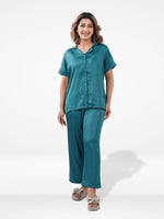 Satin Pajama Set for Women - Button Down, Short Sleeve Long Pant