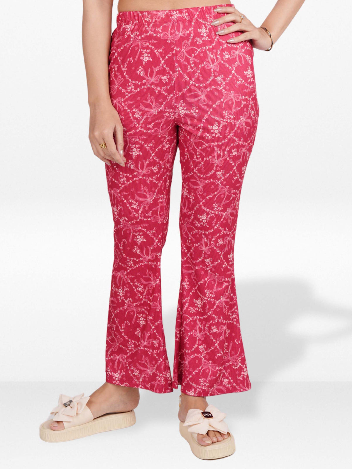Women’s Printed Palazzo Pants | Wide Leg Lounge Trousers for Women | Soft Stretch Yummy Rib Fabric | Casual & Party Wear Bottoms - Crimson