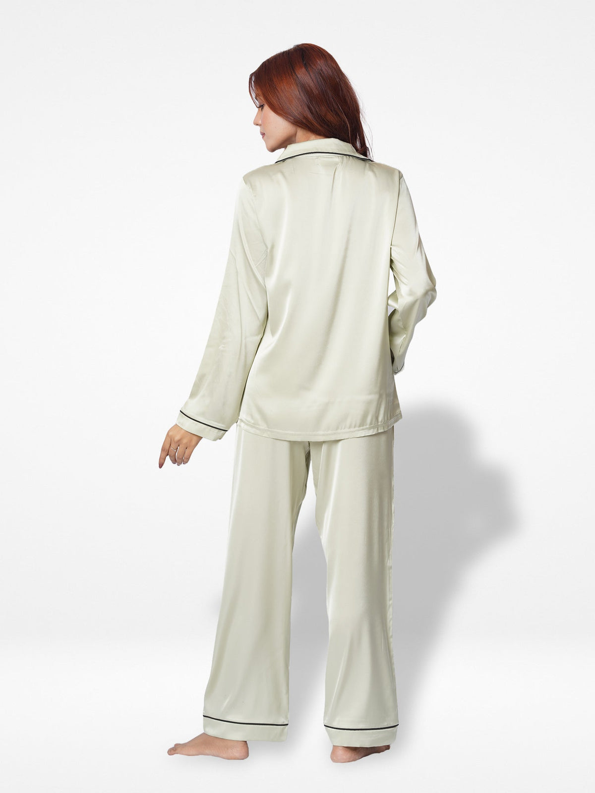 Satin Pajama Set for Women - Contrast Piping, Notch Collar, Button Down, Long Sleeve &amp; Long Pant