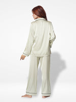 Satin Pajama Set for Women - Contrast Piping, Notch Collar, Button Down, Long Sleeve &amp; Long Pant