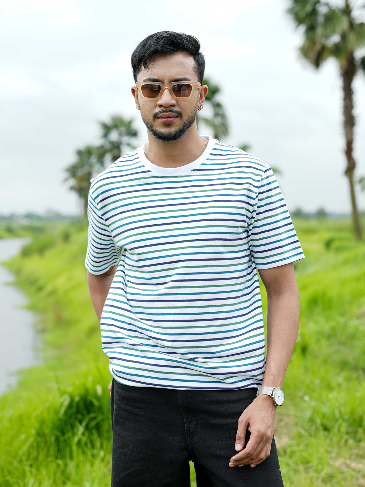 Men’s Striped Round Neck T-Shirt – Regular Fit Short Sleeve Tee | Soft Stretch Casual Wear