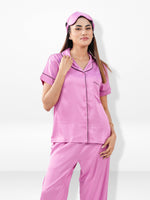 Satin Pajama Set for Women - Contrast Piping, Notch Collar, Button Down, Short Sleeve Long Pant