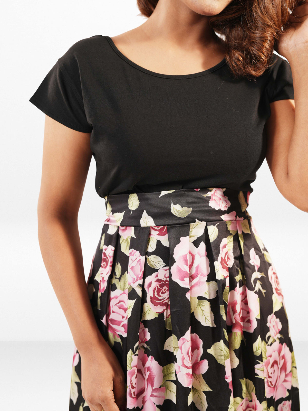 Women's Black Floral Cap Sleeve Midi Dress – Elegant Casual Summer Dress