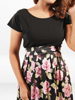 Women's Black Floral Cap Sleeve Midi Dress – Elegant Casual Summer Dress