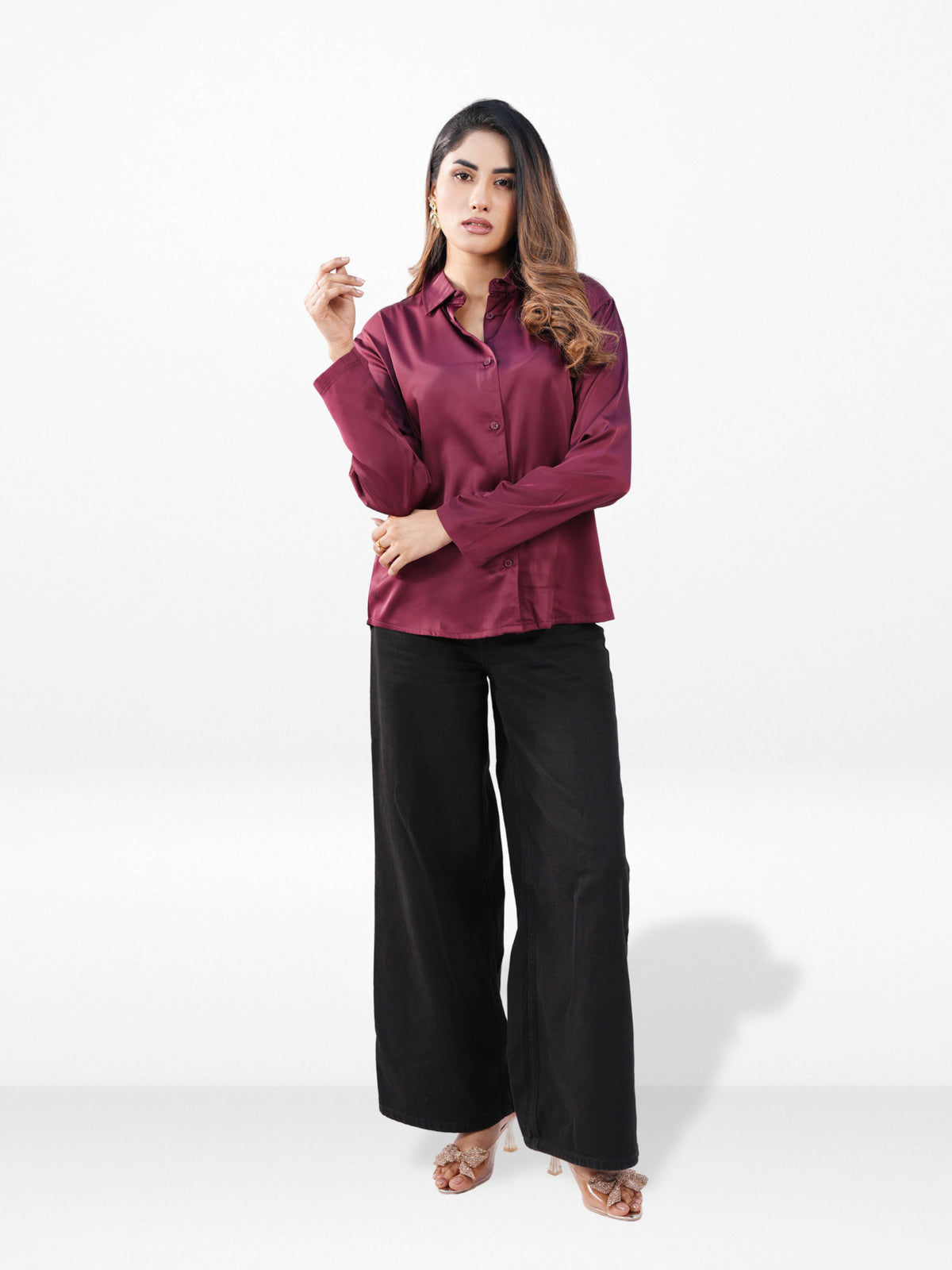 Women’s Long Sleeve Satin Shirt – Spread Collar Button-Down Top | Soft Shiny Formal & Casual Wear