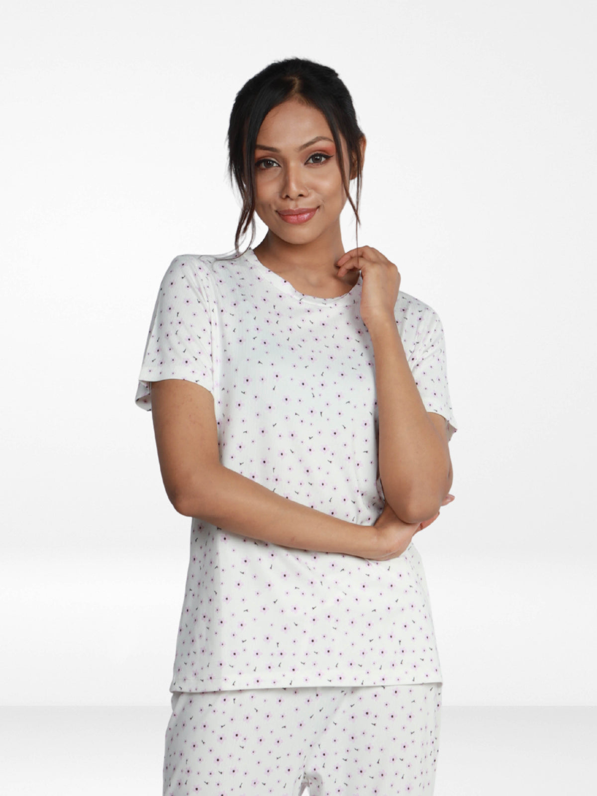 Women’s All Over Printed Short Sleeve Lounge Top | Soft Stretch Yummy Rib Fabric | Crew Neck Casual Sleepwear & Loungewear Top - White