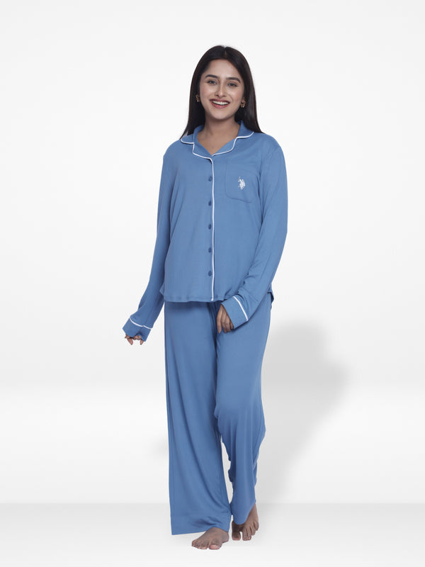 Women Solid Sleepwear Long Sleeve Pyjama Set