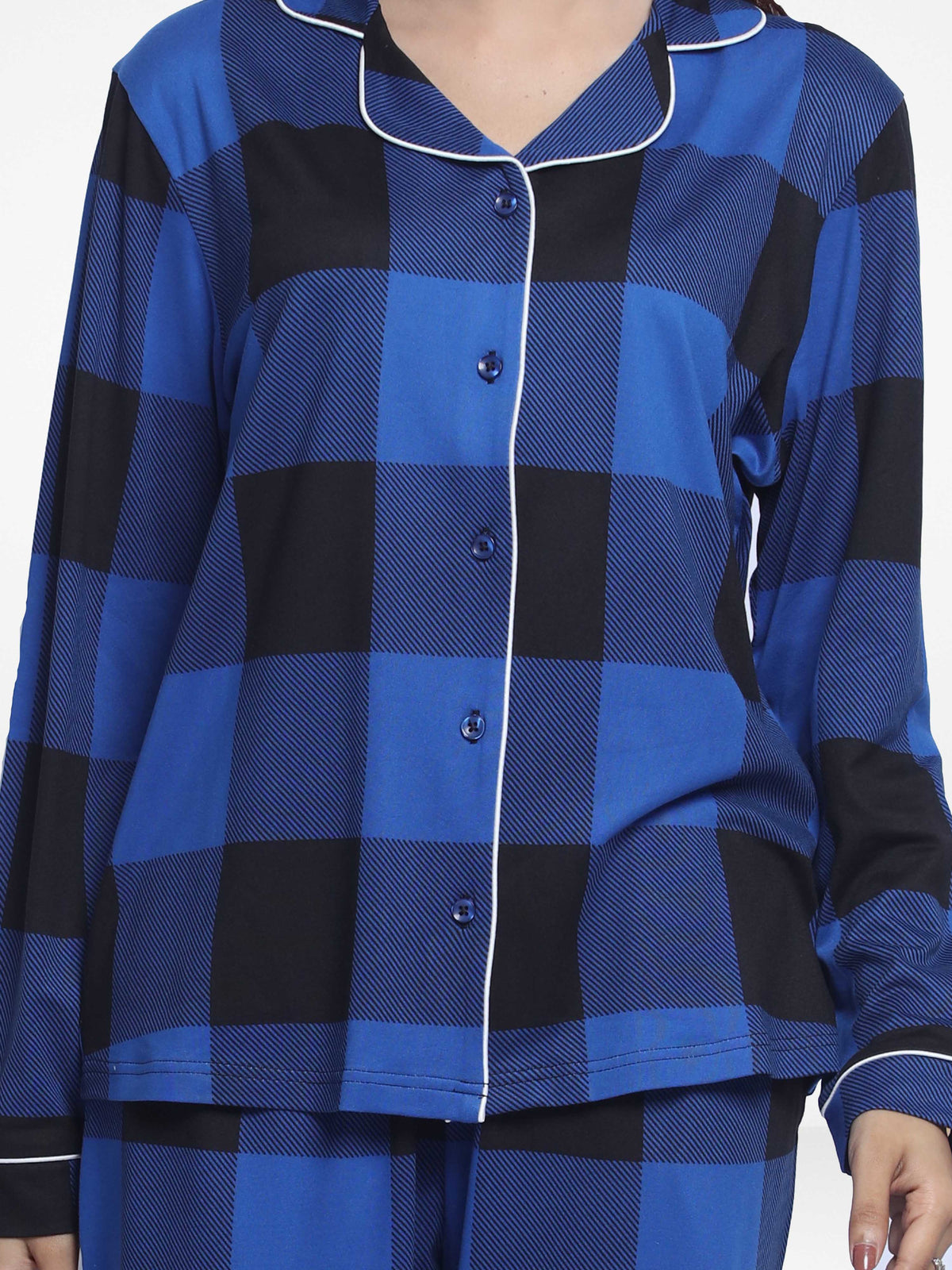 Women Sleepwear Long Sleeve Pyjama Set Blue Check