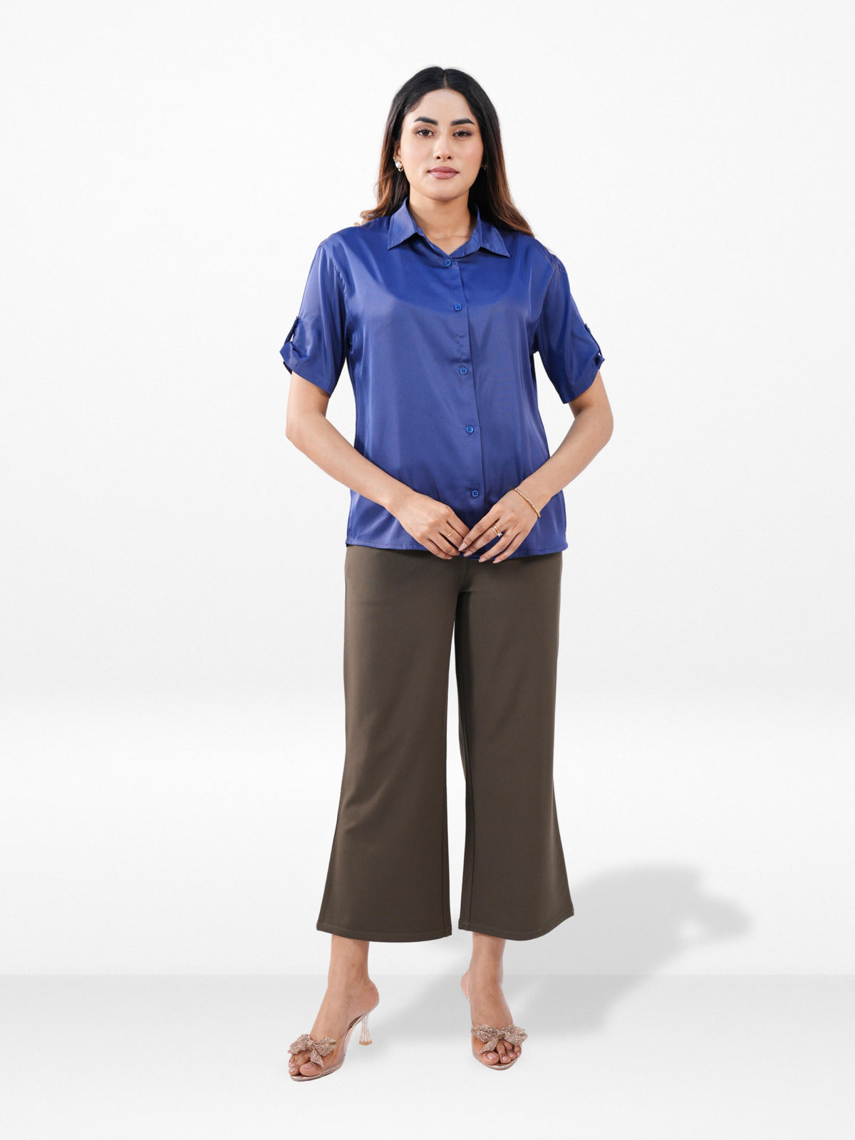 Women’s Short Sleeve Satin Shirt – Spread Collar Button-Down Top | Soft Shiny Formal & Casual Wear