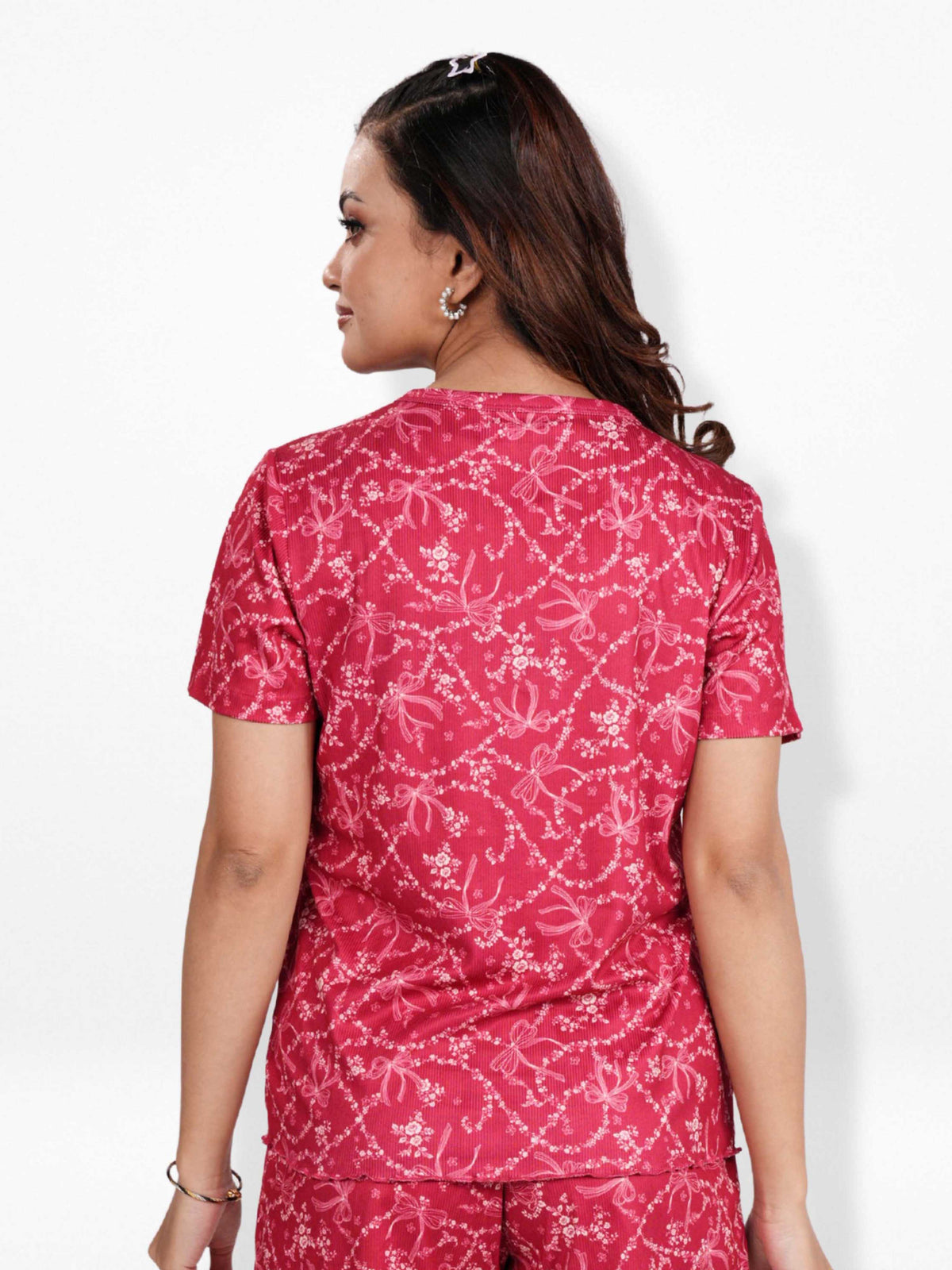 Women’s Henley Short Sleeve Pajama Top | Printed Sleepwear Shirt | Soft Stretch Yummy Rib Fabric | Casual Lounge Top for Women - Crimson