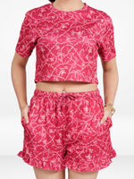 Women’s All Over Printed Crop Top Set – Crew Neck Half Sleeve Tee & Matching Bottom | Trendy Casual Two-Piece Wear