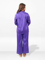 Satin Pajama Set for Women - Contrast Piping, Notch Collar, Button Down, Long Sleeve Long Pant