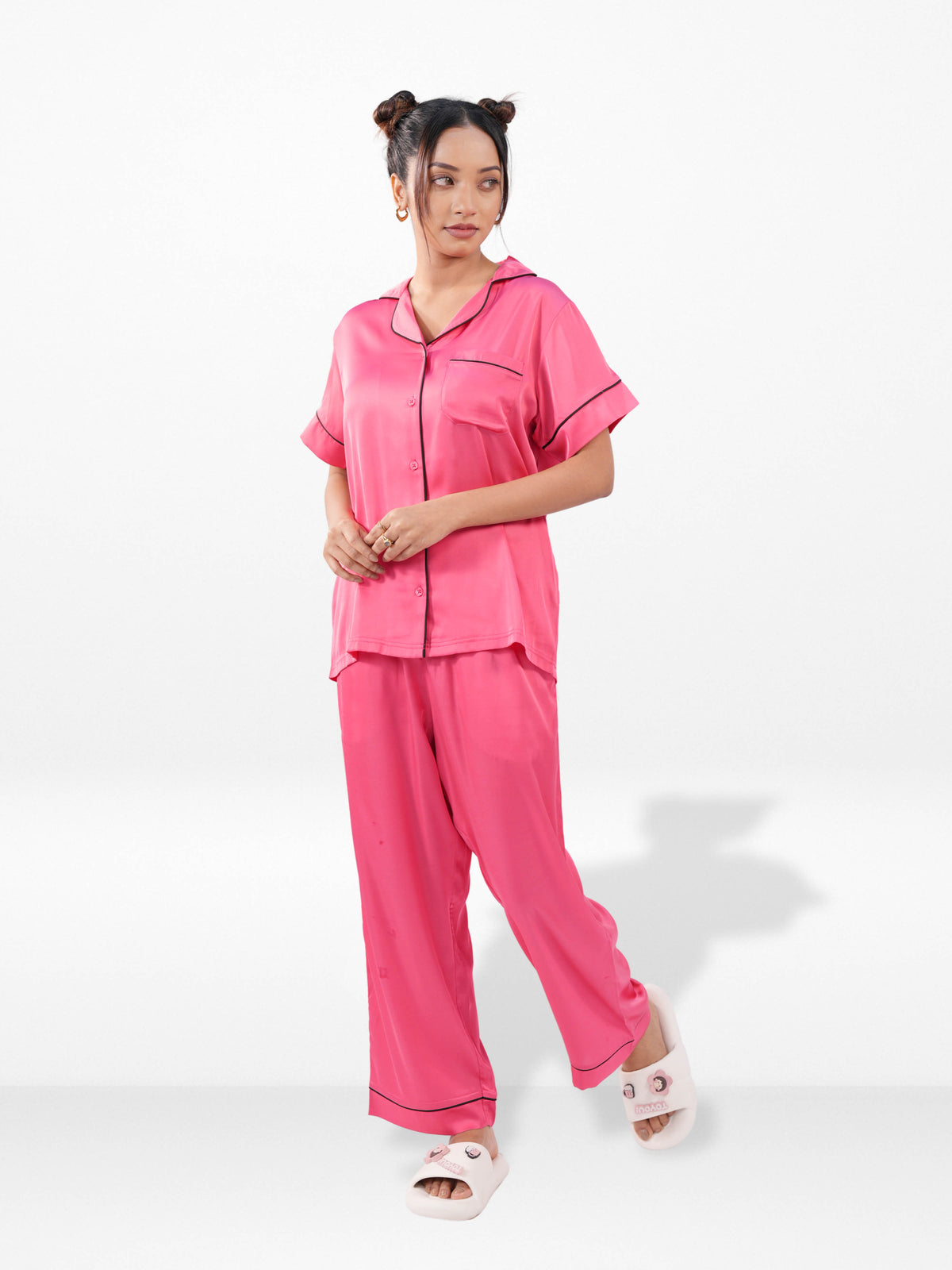 Satin Pajama Set for Women - Contrast Piping, Notch Collar, Button Down, Short Sleeve Long Pant & Sleep Eye Mask