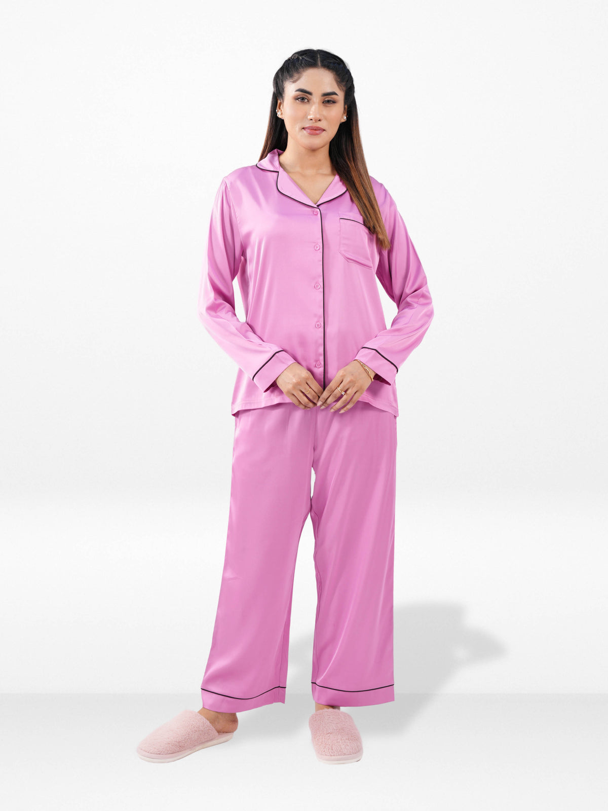 Satin Pajama Set for Women - Contrast Piping, Notch Collar, Button Down, Long Sleeve Long Pant