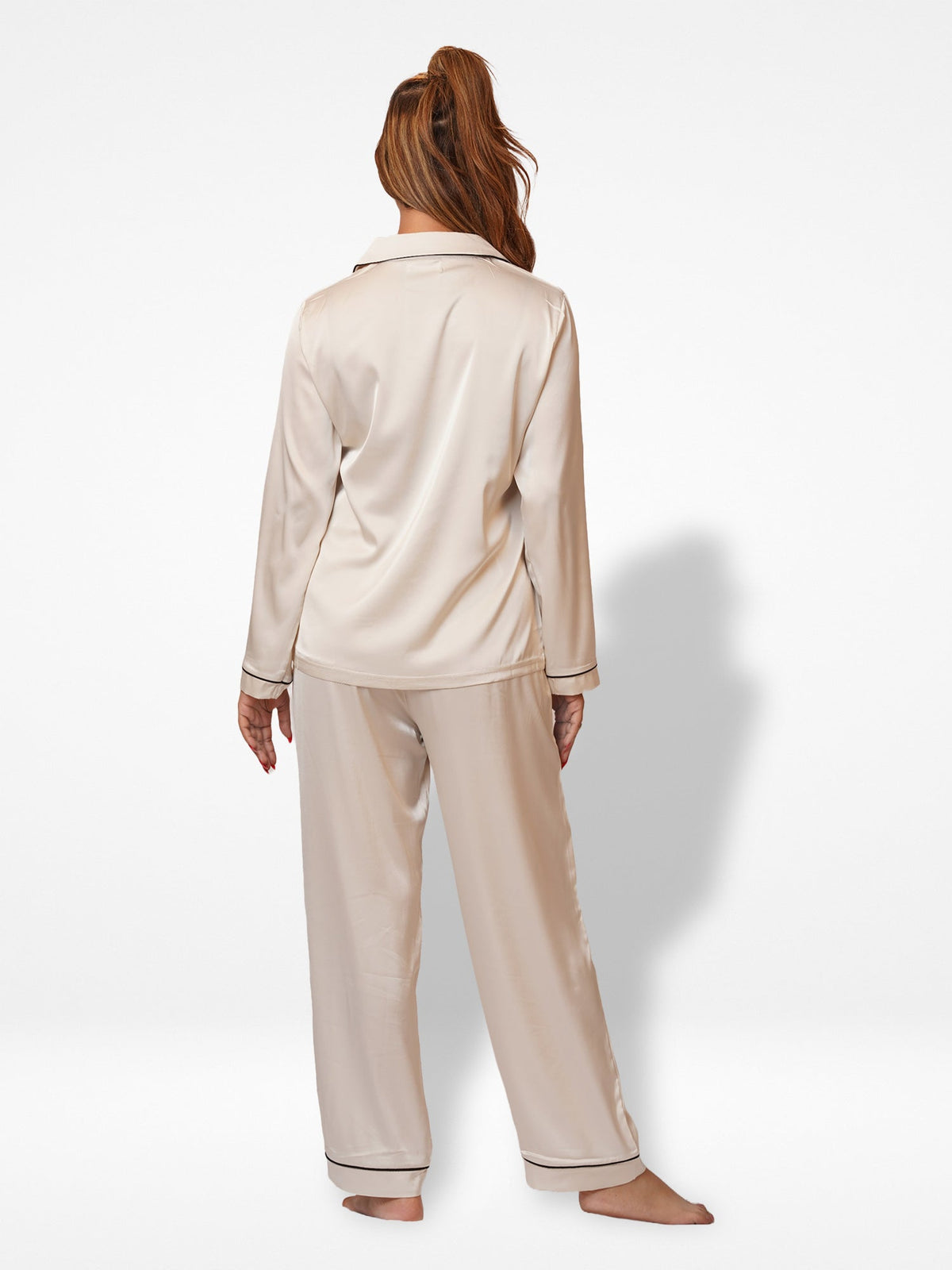 Satin Pajama Set for Women - Contrast Piping, Notch Collar, Button Down, Long Sleeve & Long Pant