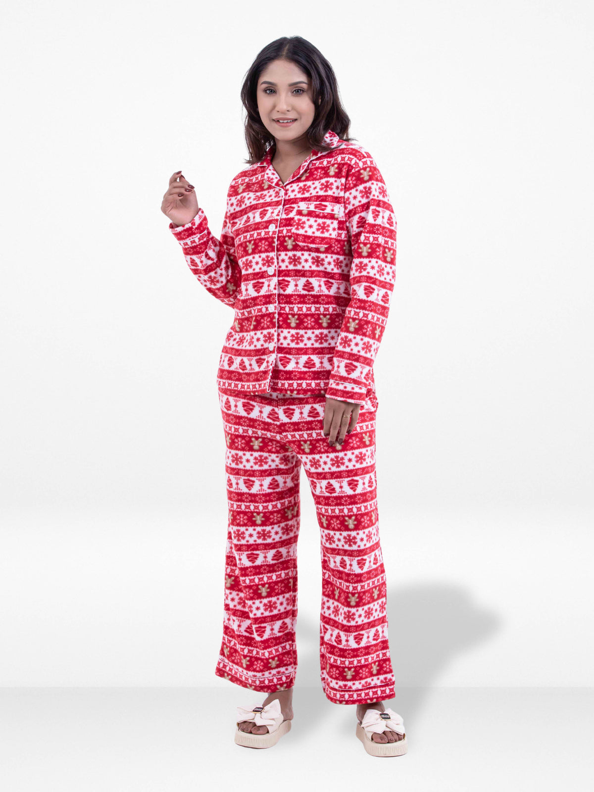 Women’s All Over Texture Printed Pyjama Set – Micro Polar Fleece Notch-Collar, Long Sleeve 2-Piece Sleepwear, Soft & Warm Nightwear