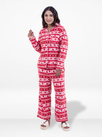 Women’s All Over Texture Printed Pyjama Set – Micro Polar Fleece Notch-Collar, Long Sleeve 2-Piece Sleepwear, Soft & Warm Nightwear