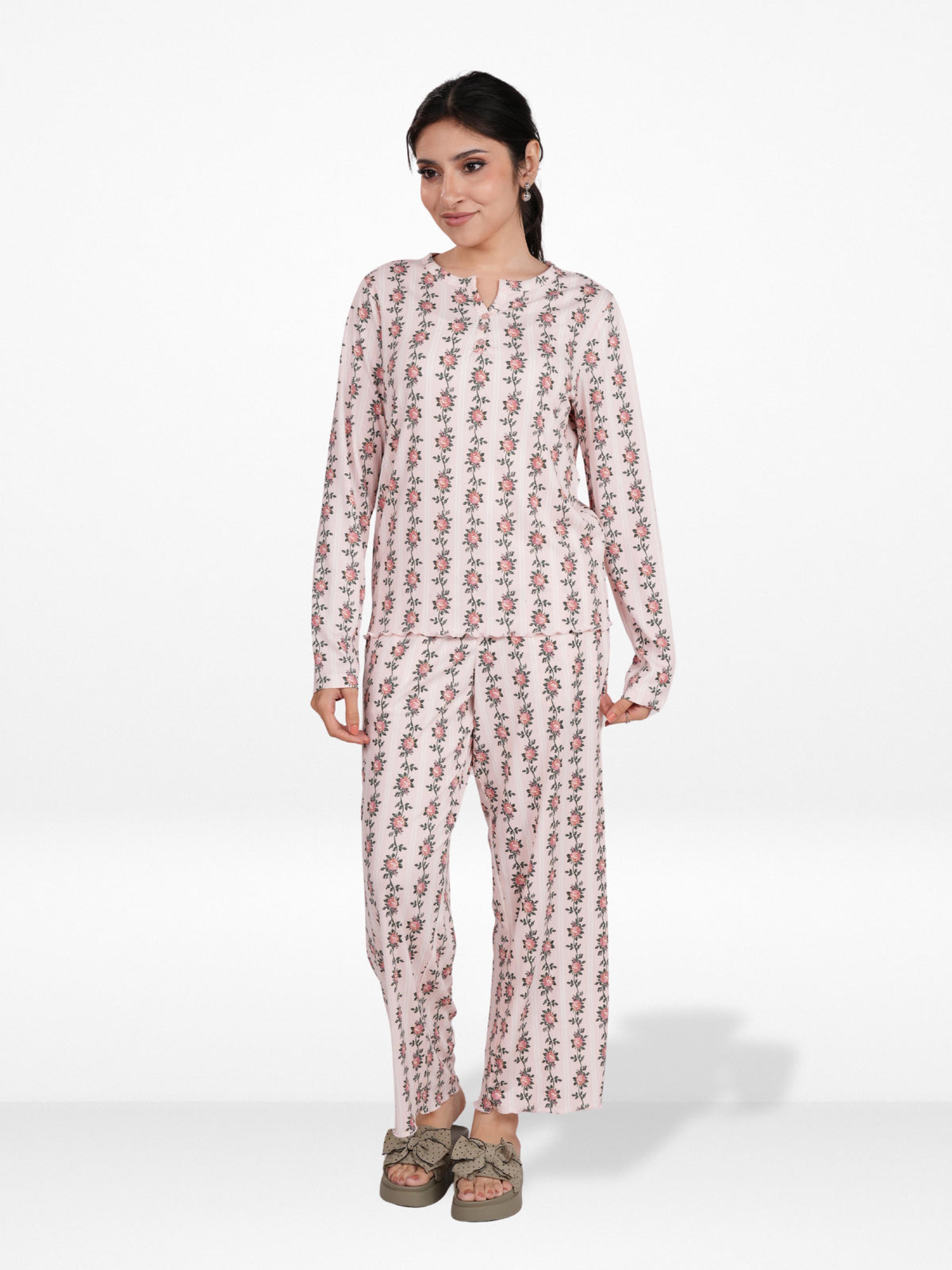 Women’s Henley Sleepwear Set – Long Sleeve Printed Pajama Top & Shorts | Soft Lightweight 2-Piece Nightwear