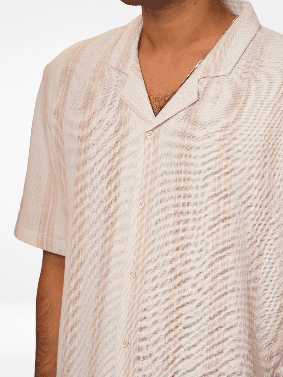 Men's Half-Sleeve Relaxed-Fit Casual Cuban Collar Shirt Beige Stripes