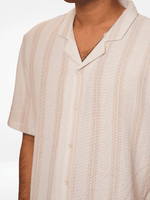 Men's Half-Sleeve Relaxed-Fit Casual Cuban Collar Shirt Beige Stripes