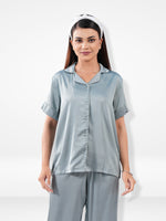 Satin Pajama Set for Women - Button Down, Short Sleeve Long Pant