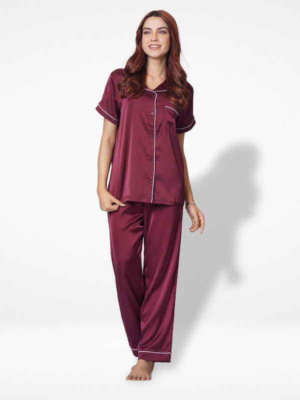 Satin Pajama Set for Women - Contrast Piping, Notch Collar, Button Down, Short Sleeve Long Pant