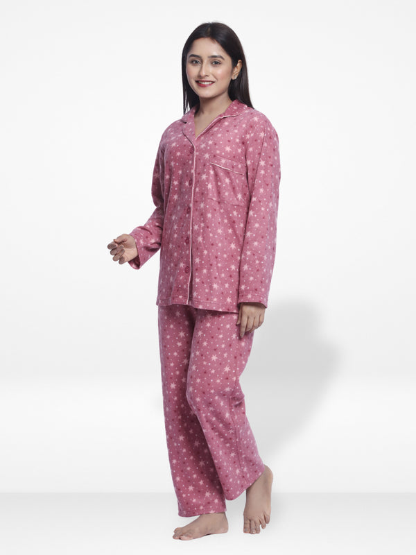 Women Micro Polar Fleece Star Print Sleepwear Long Sleeve Pyjama Set