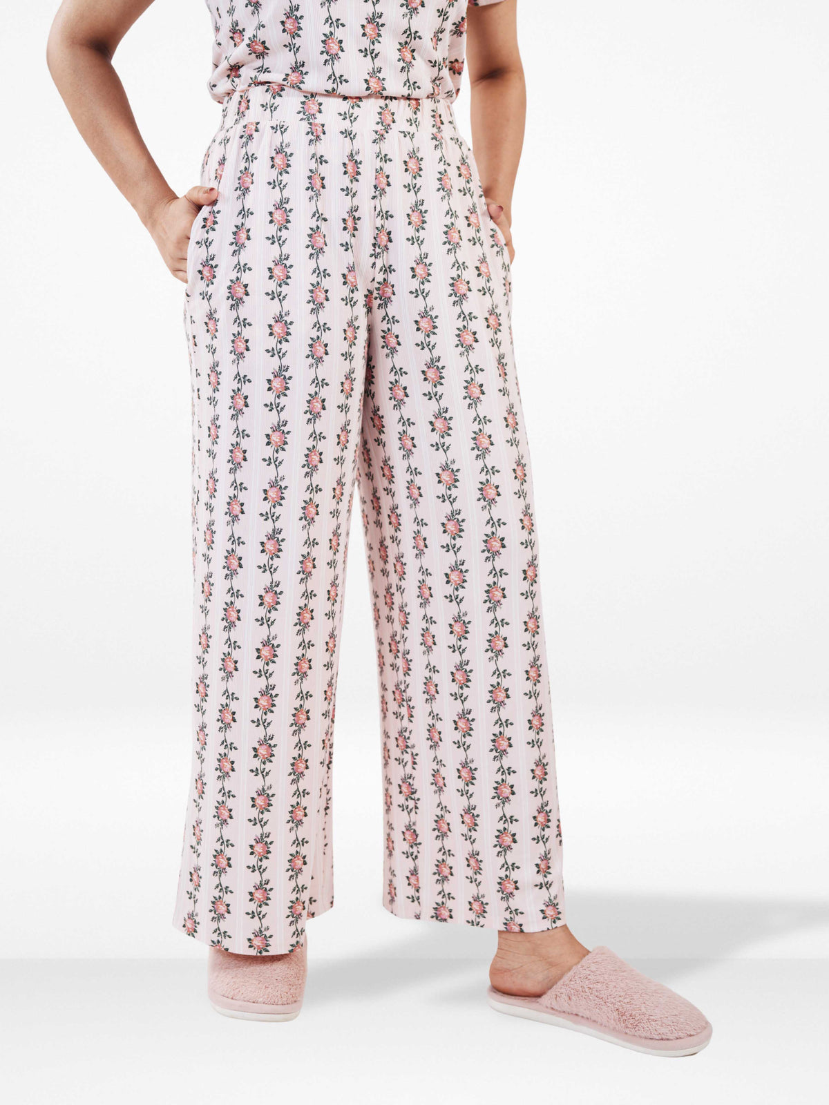 Womens All Over Printed Crop Top and Long Bottom Set Crew Neck Half Sleeve Tee & Matching Bottom | Trendy Casual Two-Piece Wear - Blushing Bride Rose