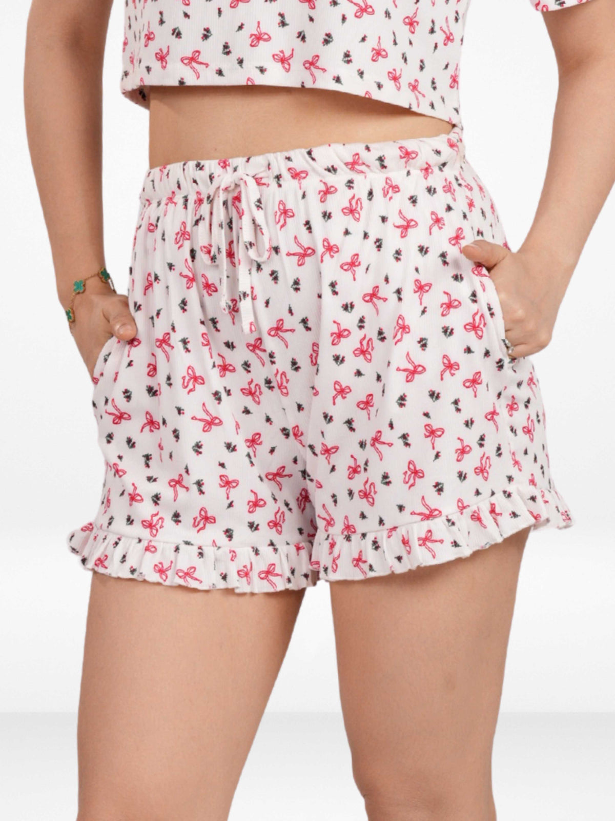 Womens All Over Printed Frill Height Style Bottom Shorts for Trendy Casual Wear - Egret