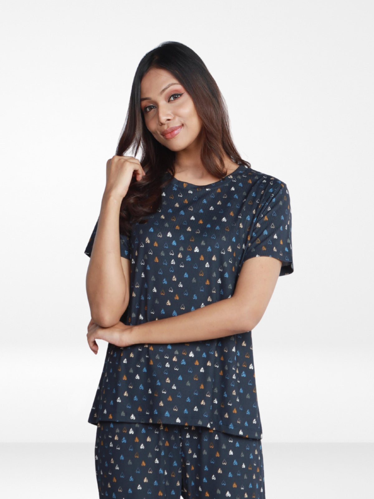 Women’s All Over Printed Short Sleeve Lounge Top | Soft Stretch Yummy Rib Fabric | Crew Neck Casual Sleepwear & Loungewear Top - Navy