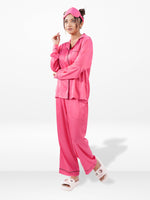 Satin Pajama Set for Women - Contrast Piping, Notch Collar, Button Down, Long Sleeve Long Pant