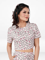 Womens All Over Printed Crop Top Crew Neck Half Sleeve Tee for Trendy Casual Wear - Blushing Bride