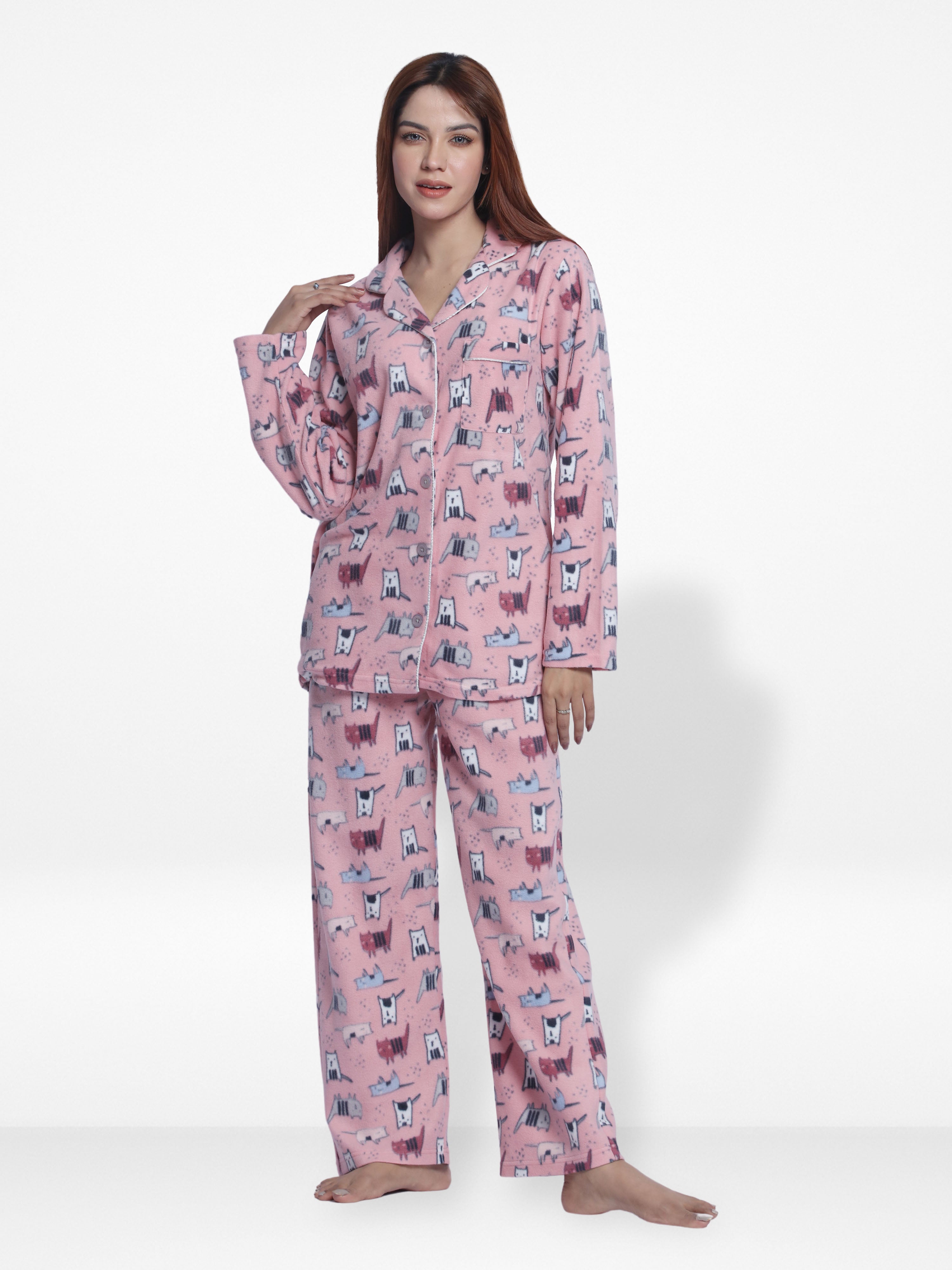 Women Micro Polar Fleece Pink Cat print Sleepwear Long Sleeve Pyjama S ...