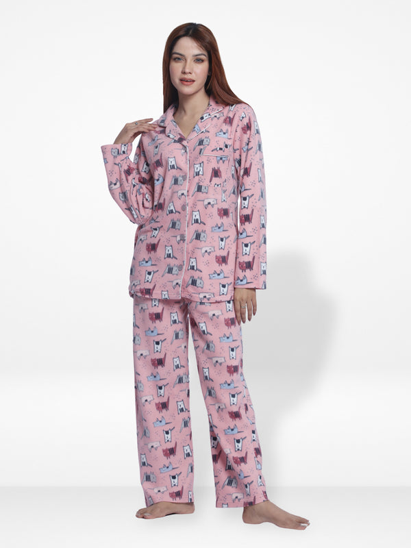 Women  Micro Polar Fleece Pink Cat print Sleepwear Long Sleeve Pyjama Set