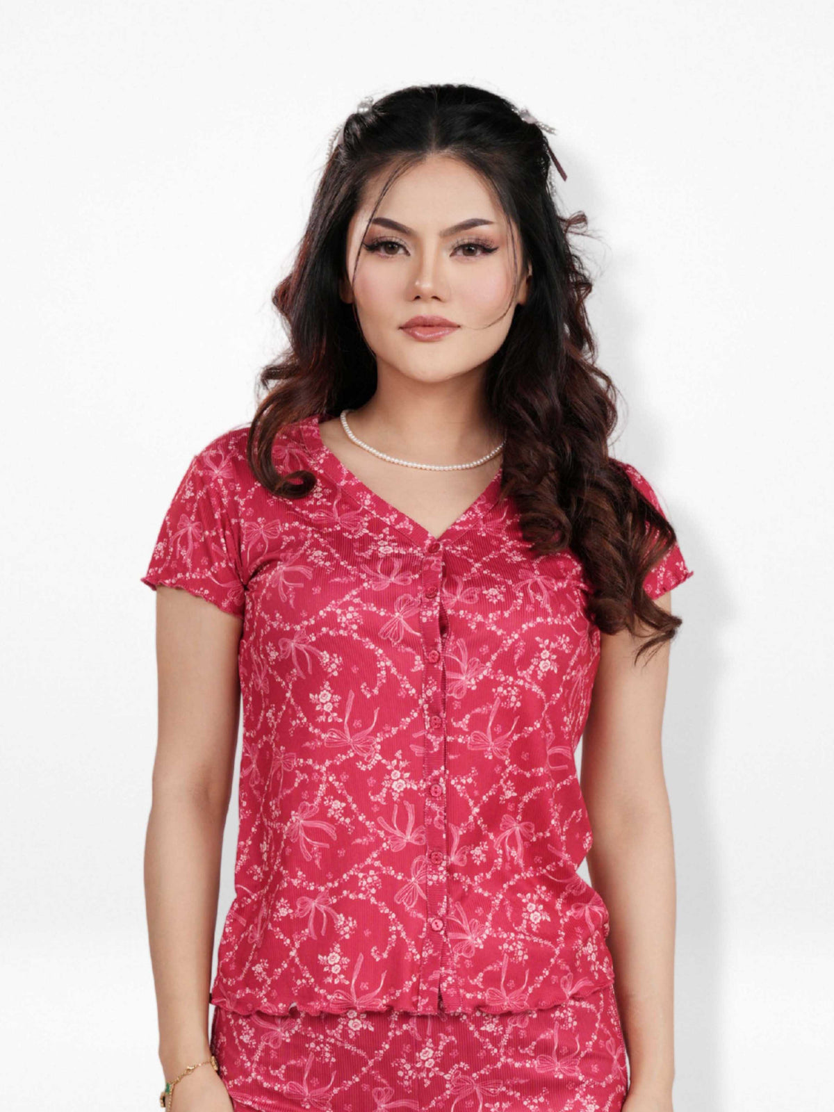 Women’s Short Sleeve Button-Down Top | Printed Sleepwear Shirt | Soft & Stretchy Yummy Rib Fabric | Lounge Top - Crimson