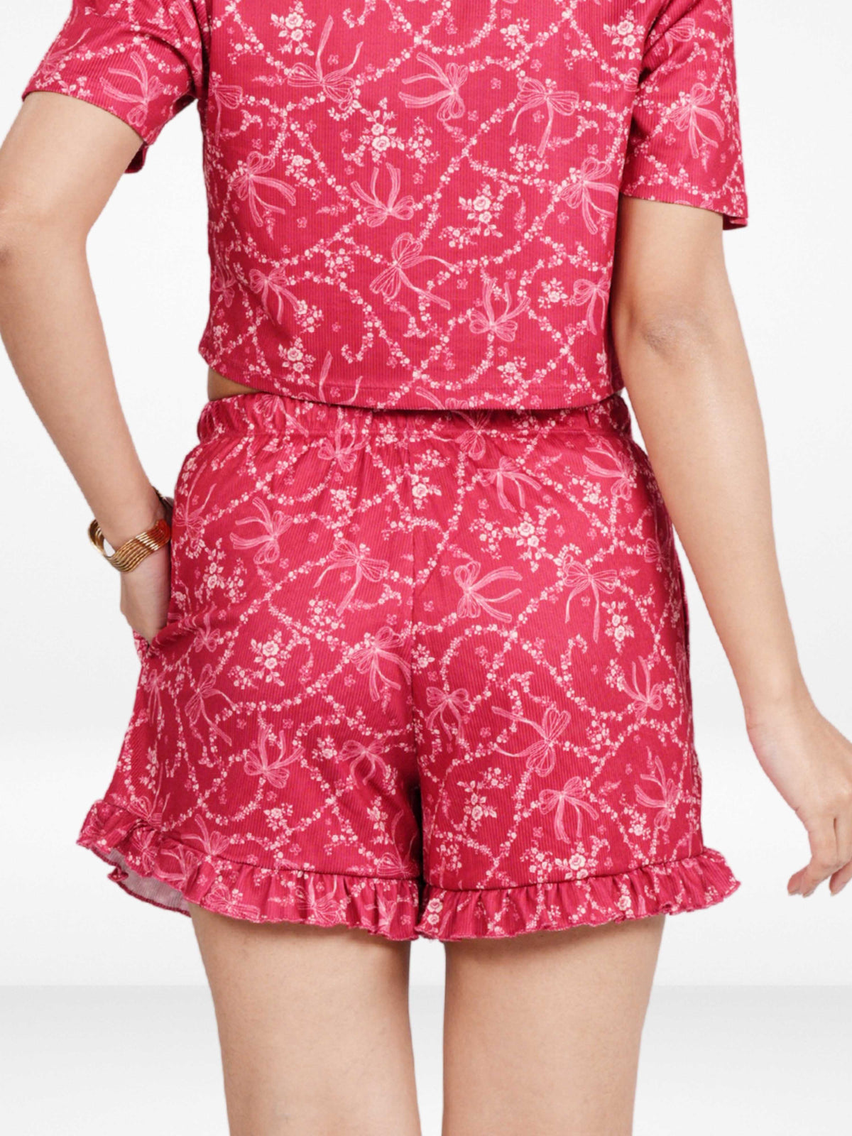 Womens All Over Printed Frill Height Style Bottom Shorts for Trendy Casual Wear - Crimson