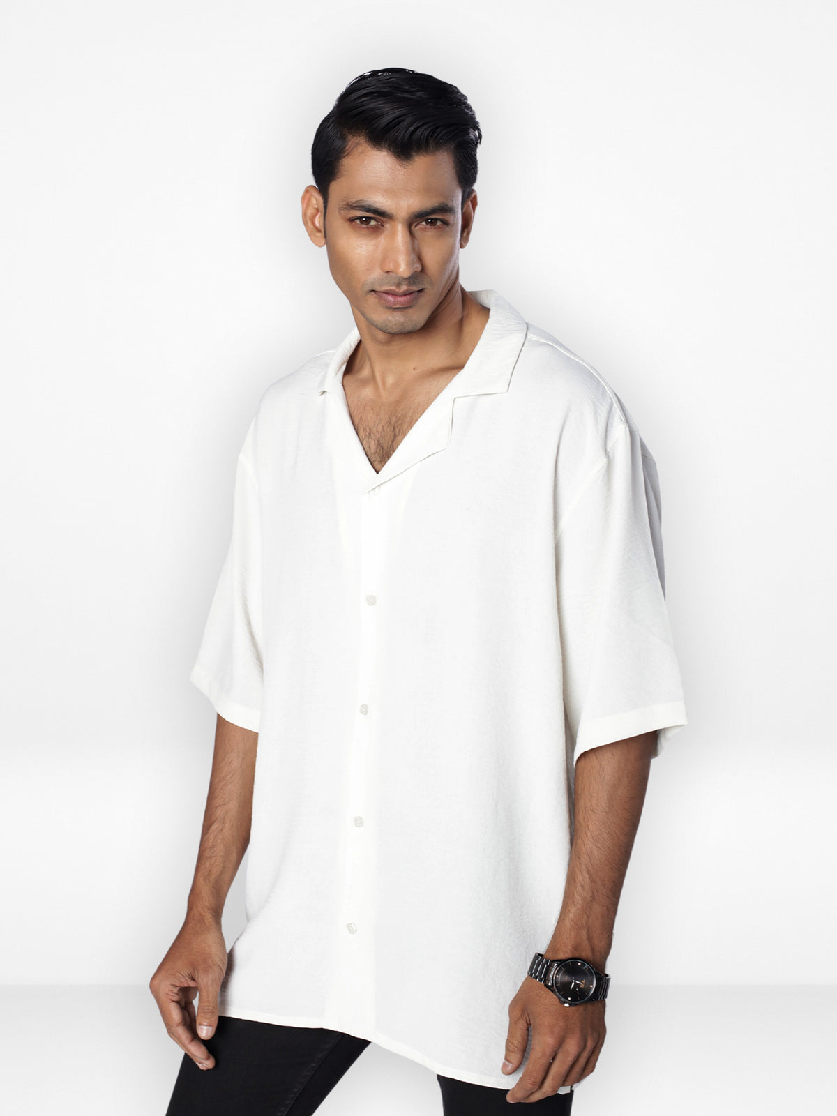 Men's Half-Sleeve Relaxed-Fit Casual Cuban Collar Shirt| OFF WHITE