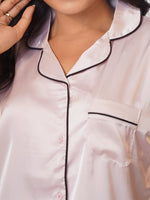 Satin Pajama Set for Women - Contrast Piping, Notch Collar, Button Down, Short Sleeve, Long Pant