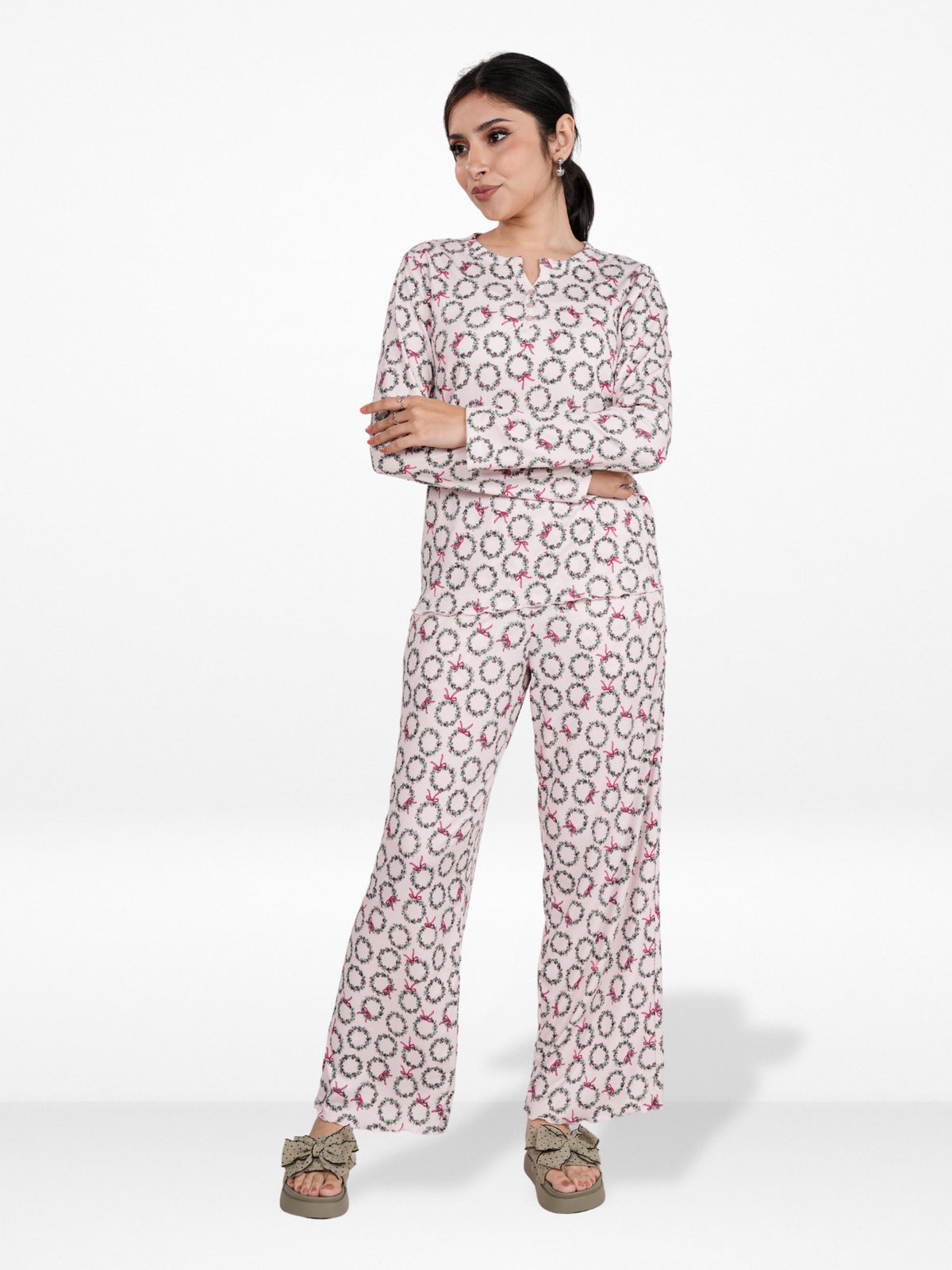Women’s Henley Sleepwear Set – Long Sleeve Printed Pajama Top & Shorts | Soft Lightweight 2-Piece Nightwear