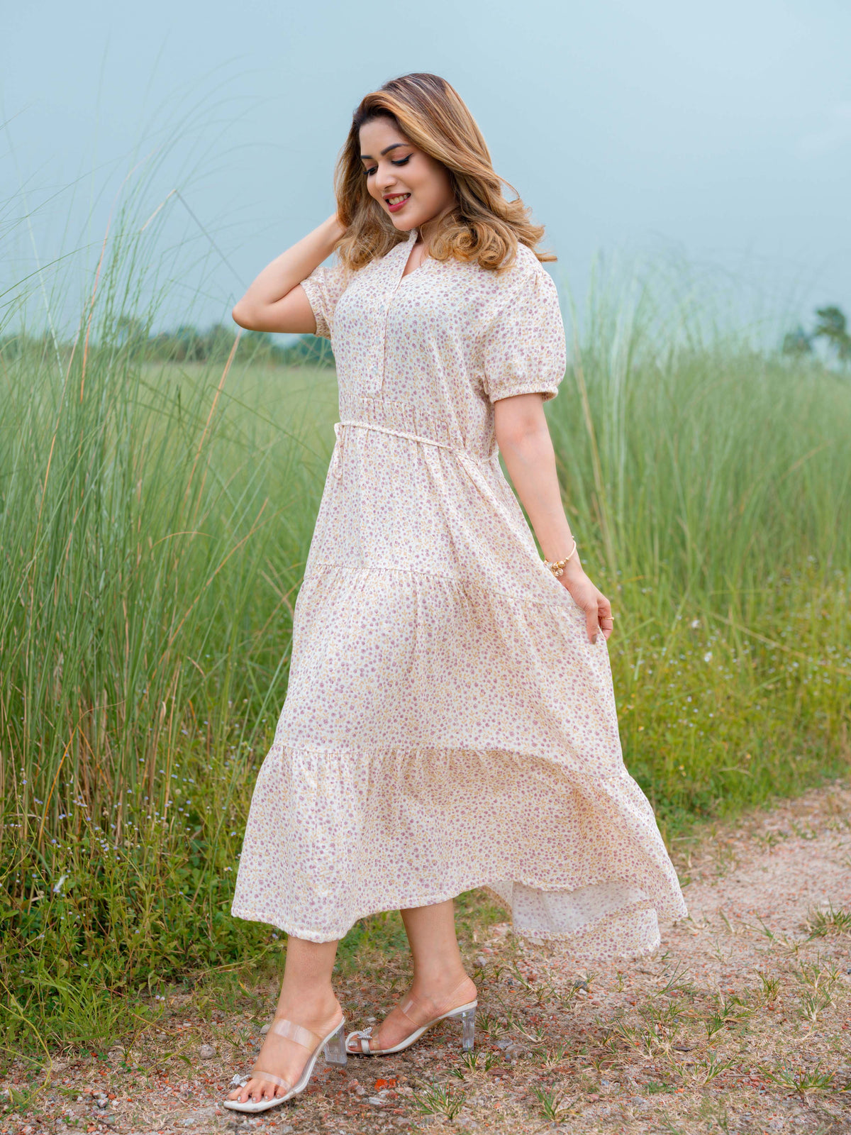 Women’s Floral Printed Short Puff Sleeve Long Dress | Casual Outfit for Party, Vacation & Weekend Wear