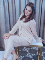 Women Coral Pink Check Sleepwear Long Sleeve Pyjama Set