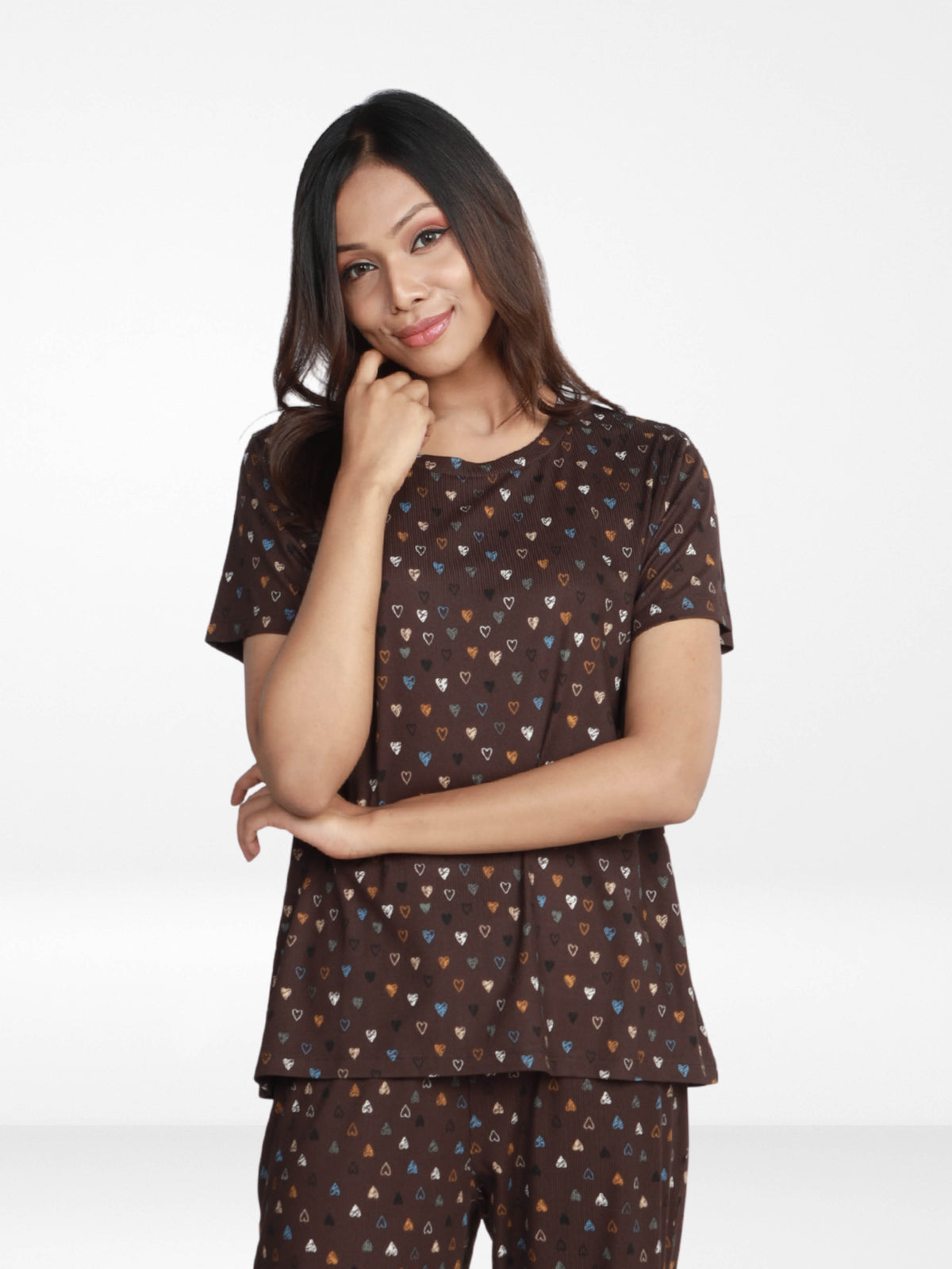 Women’s All Over Printed Short Sleeve Lounge Top | Soft Stretch Yummy Rib Fabric | Crew Neck Casual Sleepwear & Loungewear Top - Coffee