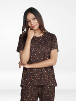 Women’s All Over Printed Short Sleeve Lounge Top | Soft Stretch Yummy Rib Fabric | Crew Neck Casual Sleepwear & Loungewear Top - Coffee