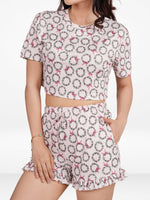 Women’s All Over Printed Crop Top Set – Crew Neck Half Sleeve Tee & Matching Bottom | Trendy Casual Two-Piece Wear